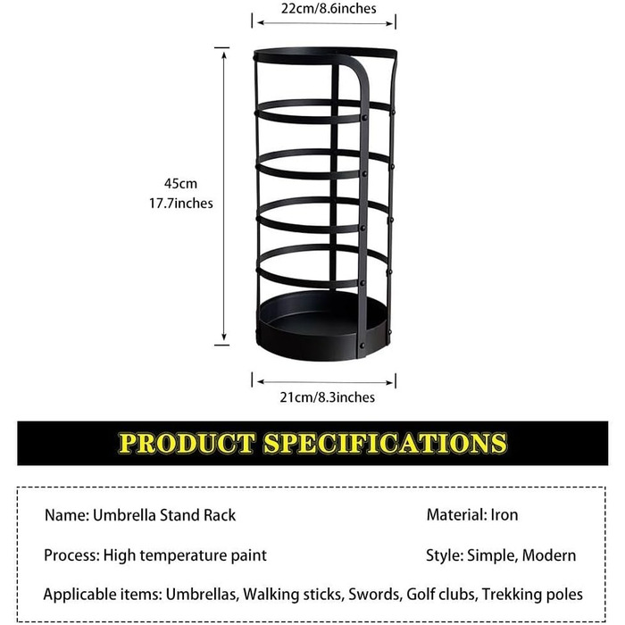 Підставка для парасольки Кругле порожнисте відро для парасольки, Підставка для зберігання парасольок з гачком, Підставка для парасольки в приміщенні чорна, Стійка для зливу парасольки для входу 22 * 45 см Чорний колір