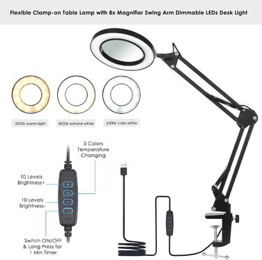 Лупа Neoglint зі світлом, лампа лупи 8 шт. лупа, 64 світлодіоди з регулюванням яскравості, 3 колірні режими, 10 рівнів яскравості, поворотний кронштейн і затискач, лупа зі світлом і підставкою Лампа-лупа (маленька) (чорна)