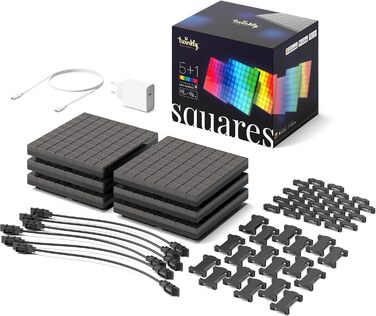 Стартовий набір Twinkly Squares, світлодіодні панелі RGB, включає 1 основну панель і 5 панелей розширення, сумісний із HomeKit, Alexa та Google Home, ігрові та потокові світильники, понад 16 мільйонів кольорів