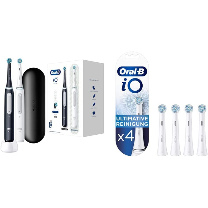 Електрична зубна щітка Oral-B iO Series 4, матова чорна/досить біла та щітки для чищення iO Ultimate, Ultimate Tooth Cleaning з технологією iO, для зубних щіток Oral-B, 4 шт. и