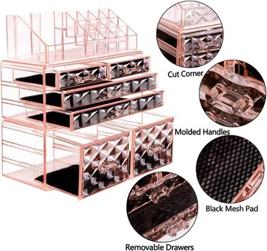 Органайзер для макіяжу, 3-компонентні акрилові ящики для зберігання косметики та коробка для демонстрації ювелірних виробів, прозорий ромбоподібний візерунок, для ванної кімнати, спальні, комод, туалетний столик, рожевий