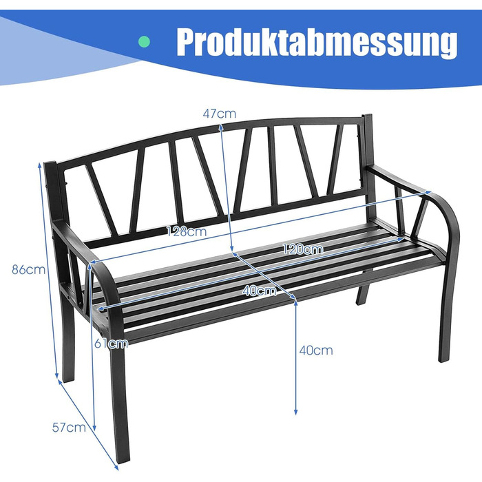 Садова лавка COSTWAY Металева, 2-місна лава, паркова лавка до 300 кг з навантаженням, патіо лавка для саду, балкона та тераси, 128 x 57 x 86 см