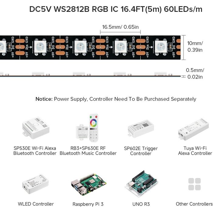 Світлодіодів/пікселів/м 300 світлодіодів RGB чорна друкована стрічка з 5050 світлодіодами SMD 5 В IP30 Неводонепроникний (за винятком джерела живлення та контролера) Чорна друкована плата IP30 5M 60 світлодіодів/м, 2812B 5M 60