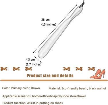 Ріжок для взуття середньої довжини для дому, полірований гладкий підйомник для взуття з бука/горіха, портативний дорожній ріжок для взуття з ремінцем для зберігання (колір коричневий*1, розмір 38*4,3 см) (колір p коричневий*1