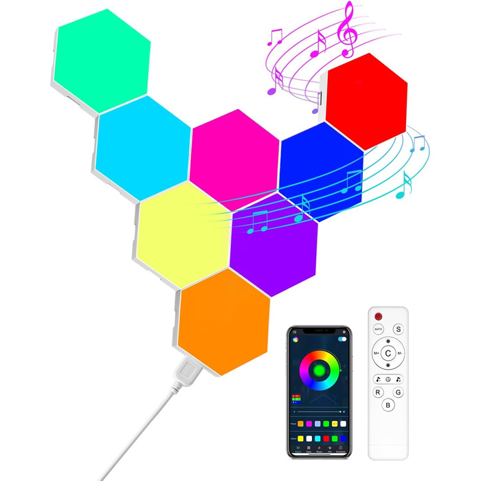 Шестикутні світлодіодні панелі - 8 упаковок Hexagon RGB Smart Wall Light Indoor Creative Decorative Hexa LED Light Panels Music Sync для кімнат та ігор