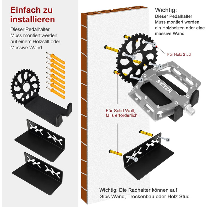 Настінне кріплення для велосипеда MZYRH, металеве, вантажопідйомність 60 кг, стіна кріплення для педального велосипеда для MTB та шосейного велосипеда ()