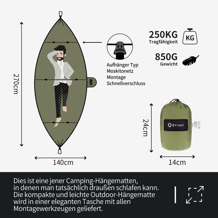 Гамак BTRWOR відкритий з москітною сіткою - Надлегкий туристичний кемпінговий гамак - навантаження 300 кг - дихаючий, швидковисихаючий парашутний нейлон - 275x140см (оливковий)