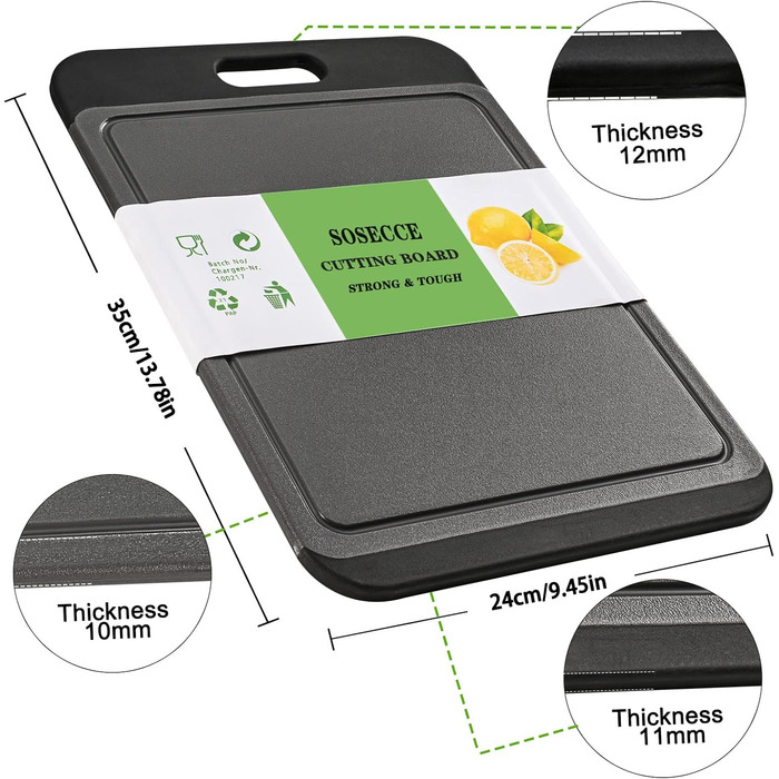 Обробна антибактеріальна пластикова дошка SOSECCE 35x24x1 см з канавками для соку та цільними нековзними силіконовими ручками, без бісфенолу А (колір чорний, сірий)