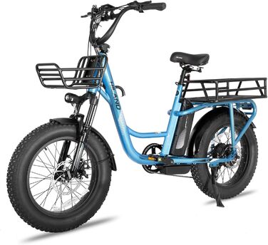 Дюймовий Fat Tire Cargo E-Bike для жінок та чоловіків, потужний електровелосипед з двигуном 48В та акумулятором 15Аг, 7 передач, легка алюмінієва рама з підвісною вилкою, багажник синього кольору., 20-