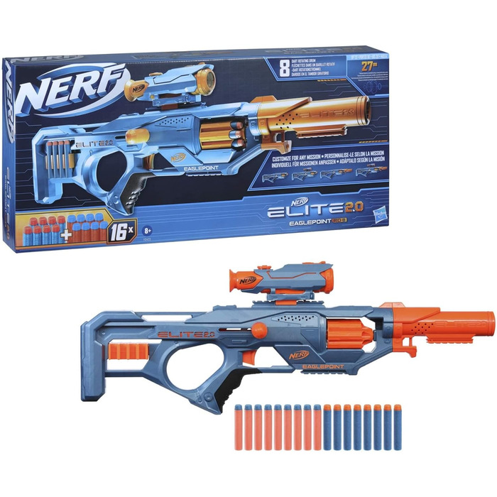 Бластер Nerf Elite 2.0 Eaglepoint RD-8, барабан на 8 дротиків, знімний телескоп і знімний ствол, з 16 дротиками Nerf і болтами, 27-метрова стрільбище, для хлопчиків і дівчаток