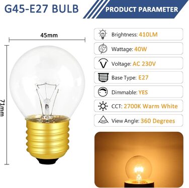 Лампа для духовки E27 з можливістю затемнення, 2700 К теплого білого кольору, 410 люменів, 71 мм * 45 мм, змінний струм 240 В, термостійкість до 300 C, прозорі лампи G45, для духовок, лавова лампа, освітлення для сауни, 2 шт.