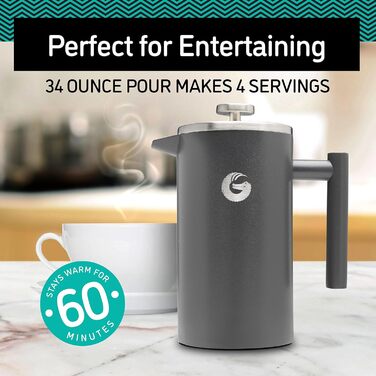 Кавоварка Coffee Gator French Press - Термокавник з нержавіючої сталі для більш тривалого гарячого кави - 1 літр - нержавіюча сталь - В т.ч. дорожня кавова банка Silver