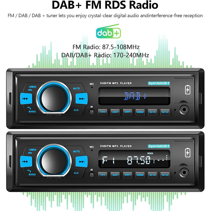 Автомобільна стереосистема Hodozzy DAB 1 Din з Bluetooth, MP3-плеєр з FM-радіо, підтримка автомобільної стереосистеми 1 Din BT Hands-free/еквалайзер/керування на кермі/USB/зарядка/TF/AUX-вхід, цифровий медіа-ресивер