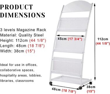 Підлоговий стелаж для журнальних брошур, білий метал для презентації, тримач для брошур з 3 рівнями і коліщатками, стелаж для брошур для книжкових магазинів, стелажі і полиці для зберігання журналів (M)