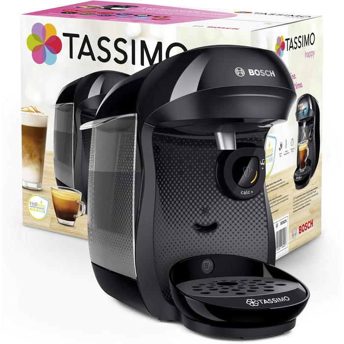 Капсульна машина Bosch Tassimo Happy TAS1002 кавоварка by, 70 напоїв, повністю автоматична, підходить для всіх чашок, компактна, 1400 Вт, чорний/антрацит