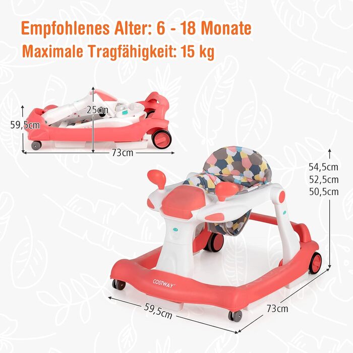 Складні ходунки для немовлят COSTWAY 2-в-1, ходунки регульовані по висоті, без прогулянок з музикою та світлом, допоміжний засіб для ходьби з захистом від зіткнень і ковзання, ходунки для немовлят, для 6-18 місяців, з навантаженням до 15 кг (помаранчевий)