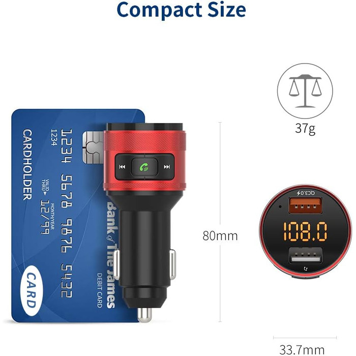Передавач, автомобільне радіо QC 3.0 Автомобільний бездротовий адаптер Автомобільний комплект гучного зв'язку з подвійним зарядним пристроєм Підтримує USB-флеш-накопичувач 64 ГБ (червоний)