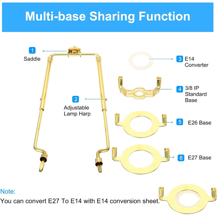 Комплект лампових арф з хвостом 1 комплект регульованих кронштейнів абажура з основою освітлення 3/8 IP E14 E26 E27 для настільного торшера Gold, 8 9 10 11