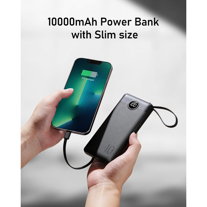 З 5 виходами та 2 входами Світлодіодний дисплей Powerbank з інтегрованими кабелями Зовнішній акумулятор для мобільного телефону Сумісний з iPhone, iPad, Samsung, Xiaomi, Google Pixel та ін. Чорний, 10000mAh Powerbank USB C