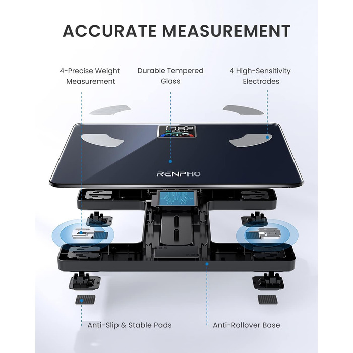 Цифрові ваги для ванної кімнати RENPHO, ваги жиру в організмі Bluetooth з високоточними датчиками, розумні ваги з жиром і м'язовою масою 180 кг/400 фунтів 270 мм/10,6 дюйма (285 мм/11,2 дюйма, нержавіюча сталь чорна)
