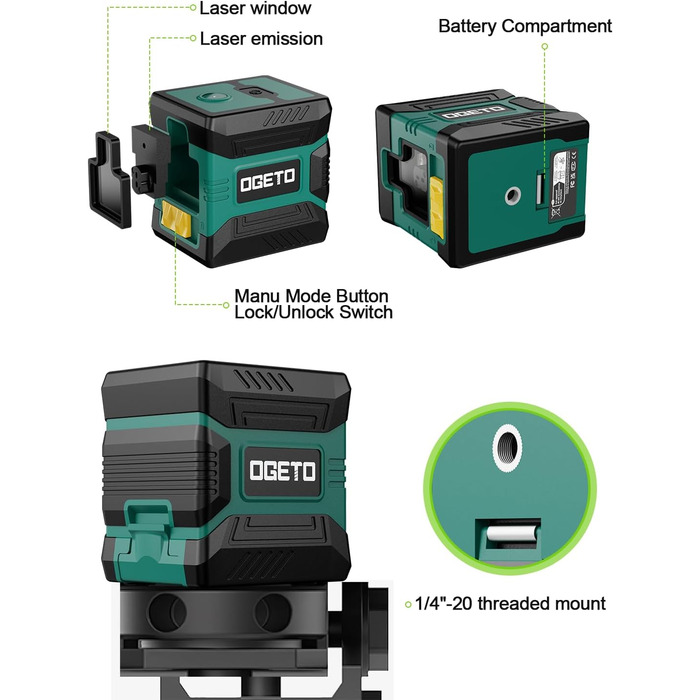 Поперечний лінійний лазер Ogeto, самовирівнюючий лінійний лазер (вертикальний/горизонтальний зелений лазер, використання в приміщенні, IP54, 2 х АА батарейки, захисна сумка), для реконструкції будівель/дорожнього будівництва/деревообробки/DIY