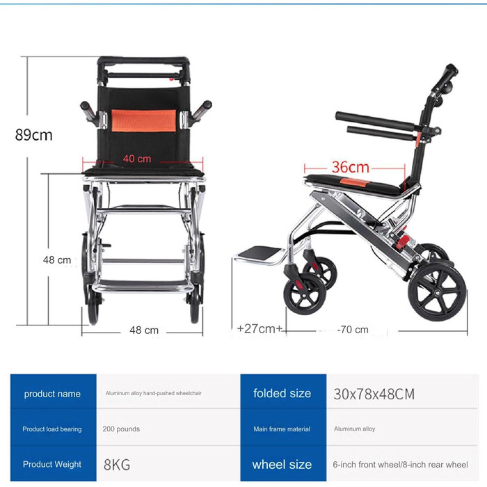 Універсальна надлегка транспортна інвалідна коляска - Розбірна портативна інвалідна коляска з ручним гальмом - Візки для літніх авіаперельотів, 001