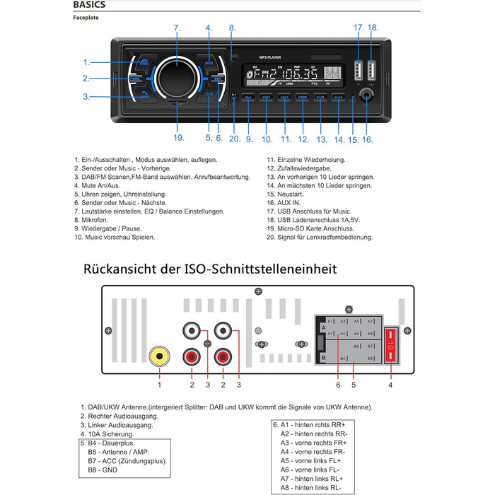 Автомобільне радіо DAB з музикою Bluetooth Гучний зв'язок I FM-радіо I 1A Функція заряджання смартфона I microSD USB AUX IN (ipod) I вбудований мікрофон I Пульт дистанційного керування на кермі I 1 DIN mp3 WAV (D3307)