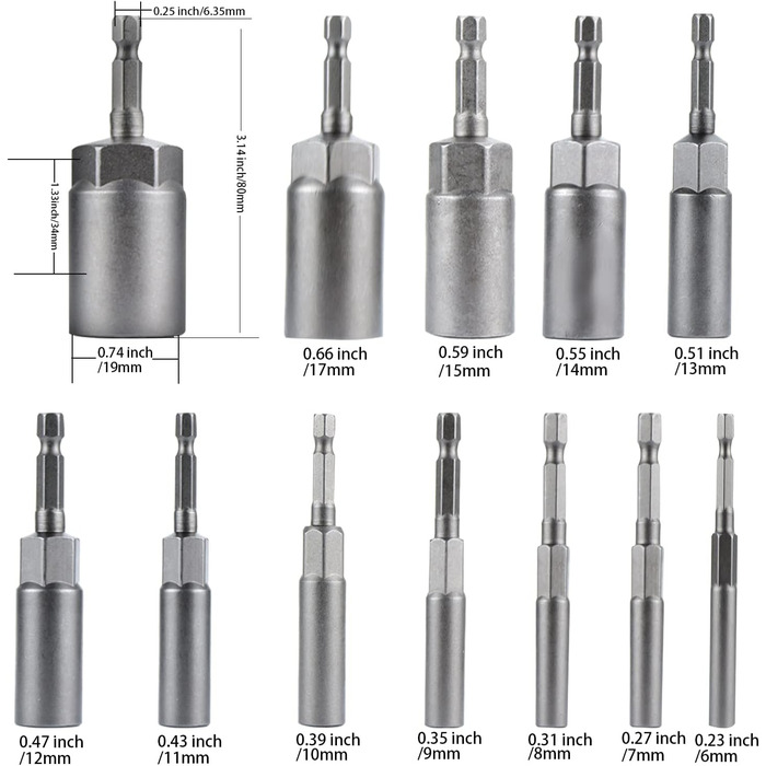 Шестигранні торцеві ключі 1/4, 6-19 мм, адаптер для торцевих ключів довжиною 80 мм для акумуляторних викруток і дрилів-шуруповертів