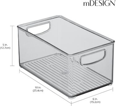 Набір mDesign з 4 ящиків для зберігання з ручками - Практичний холодильник для зберігання продуктів - Пластикова полиця для кухні або холодильника без BPA - Grey Smoke Grey 25.4 x 15.2 x 12.7 см