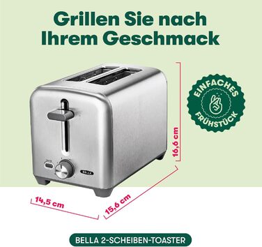 Тостер BELLA на 2 скибочки з надзвичайно широкими отворами для тостів і знімним піддоном для крихт 6 рівнів підрум'янювання, автоматичне вимкнення та повторне нагрівання тости, бублики та вафлі 2 скибочки сталевого хліба