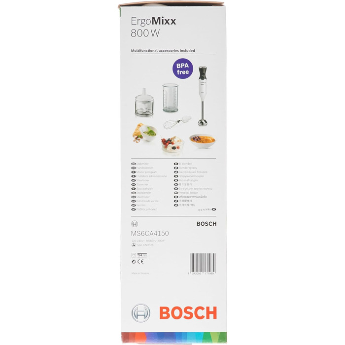 Ручний блендер Bosch ErgoMixx MS6CA4150, ніжка блендера з нержавіючої сталі, чашка для змішування та вимірювання, віночок, 4-лезовий ніж, легкий корпус, 12 рівнів плюс турбошвидкість, 800 Вт, білий/антрацит