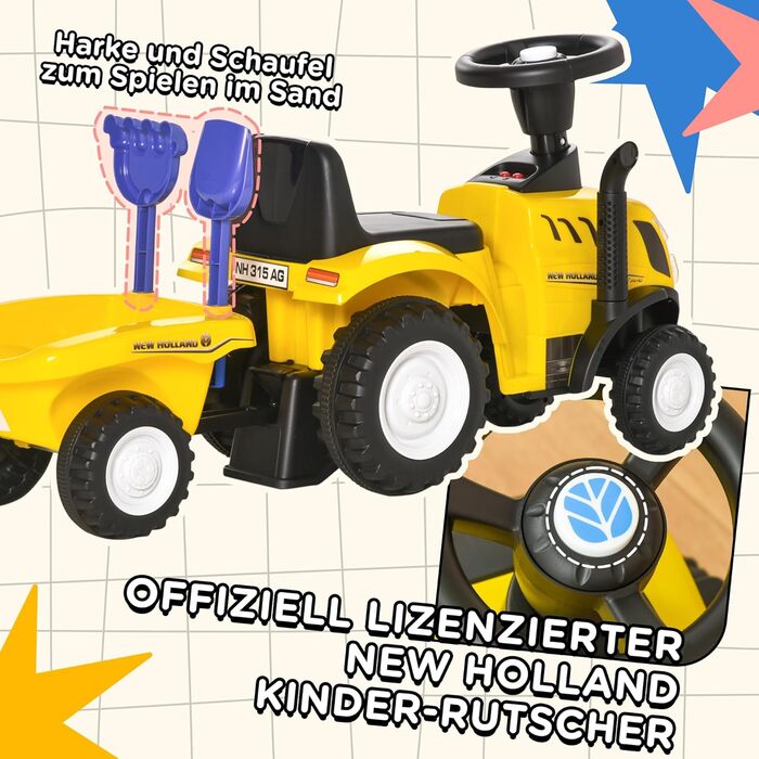 Дитячий автомобіль-гірка New Holland Дитячий автомобіль-гірка Дитячий автомобіль Класичний автомобіль ходунки з клаксоном Пластик Метал Жовтий 91 x 29 x 44 см