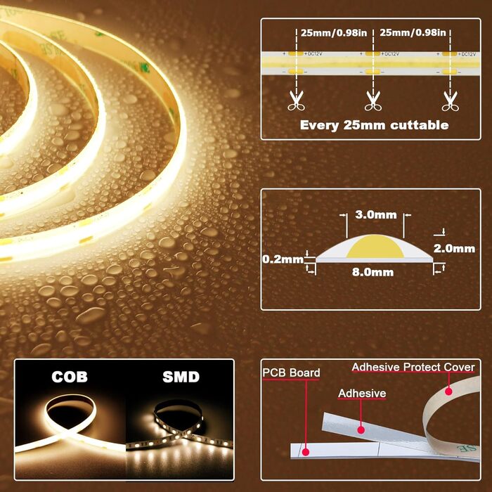 Світлодіодна стрічка TOPAI COB 5M тепла біла водонепроникна IP65, світлодіодна стрічка 12 В 3000K зовнішня, CRI90 дуже яскрава світлодіодна стрічка 4000 лм, самоклеюча, 480 світлодіодів/м гнучкий ріжучий стіл (продукт без живлення) Теплий білий