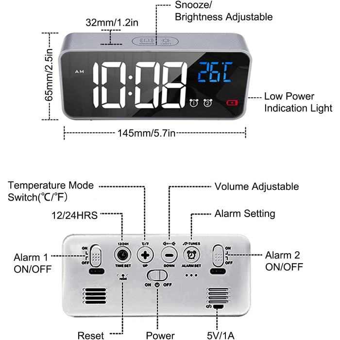 Цифровий будильник LATEC з великим світлодіодним дисплеєм температури, настільний годинник з 10 музикою, USB-порт для зарядки, 4 регульовані яскравість і гучність, відкладення, портативний дзеркальний будильник з 2 будильниками, 12/24HR (сріблястий)