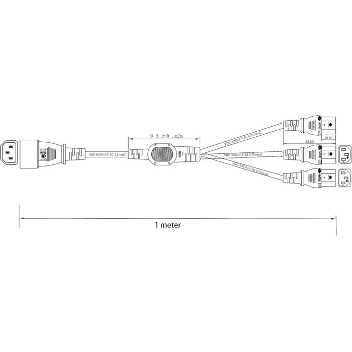 Кабель розподілу живлення комп'ютерного ПК HangTon UPS PDU IEC320 C14 до 3 x C13 10A 250V подовжувач (c14-3xc13 (1м))