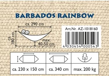 Класичний гамак XL Barbados Rainbow ручної роботи в Бразилії вантажопідйомність до 200 кг вантажопідйомністю 230 х 150 см для 1-2 чоловік в барвисту смужку загальною довжиною 340 см