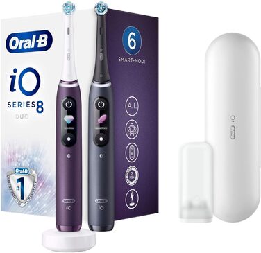 Електрична зубна щітка Oral-B iO 8 Double Pack з революційною магнітною технологією та мікровібраціями, 6 програмами чищення, кольоровим дисплеєм та дорожнім кейсом, чорний онікс/фіолетовий аметрін