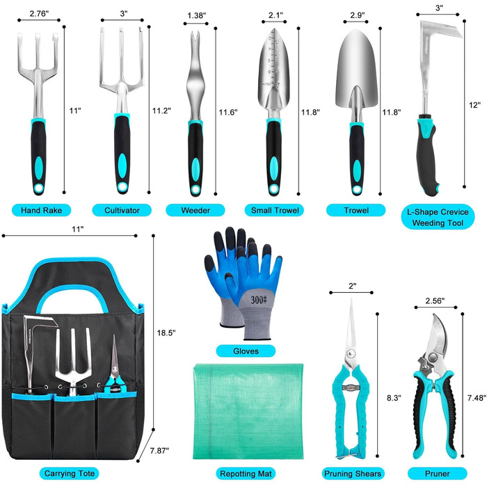 Набір садових інструментів із протиковзкою гумовою рукояткою, набори садових інструментів із нержавіючої сталі (11 предметів), потужний набір ручних інструментів для вулиці, міцна сумка, килимок для пересадки, інструмент для видалення бурянів, ідеальні по