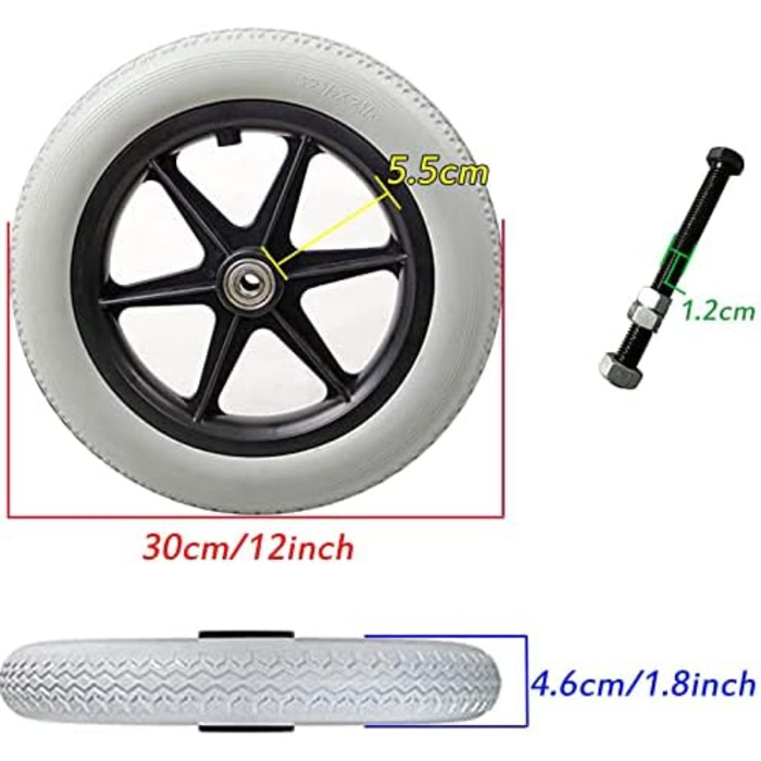 Ролики для інвалідних візків Колесо для візка, зносостійке колесо, 12-дюймова суцільна шина, легкі ролики з поліуретановими шинами, запасні колеса для ходунків, ролерів та інвалідних візків) чорні 30см-12дюймів
