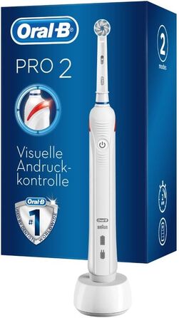 Електрична зубна щітка Oral-B PRO 2 з візуальним контролем тиску для додаткового захисту ясен, 2 програми чищення в т.ч. чутлива, таймер, 1 щітка Sensitive Clean, біла