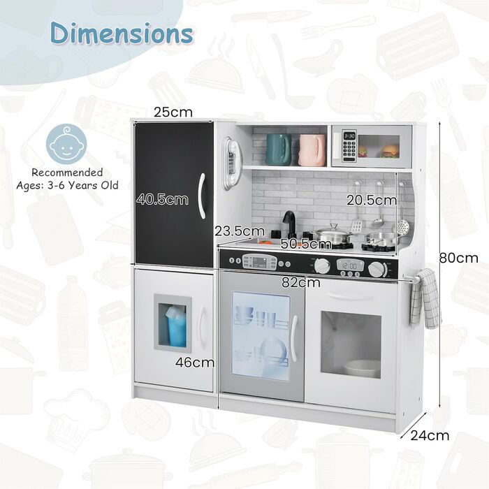 Ігрова кухня HOMASIS з 10 аксесуарами, дерев'яна дитяча кухня, іграшкова кухня з дошкою, раковиною, духовкою, мікрохвильовою піччю, морозивом, телефоном, дерев'яна кухня зі звуком, дитяча ігрова кухня для дітей віком від 3 років (біла)