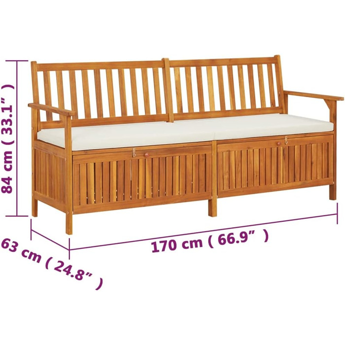 Нагрудна лавка з подушкою Дерев'яна лавка Лавка для зберігання Дерев'яна скриня Сидіння для зберігання Скриня Лавка для зберігання з масиву дерева Садова лавка 170см Акація з масиву дерева 170 x 63 x 84 см Коричневий і білий