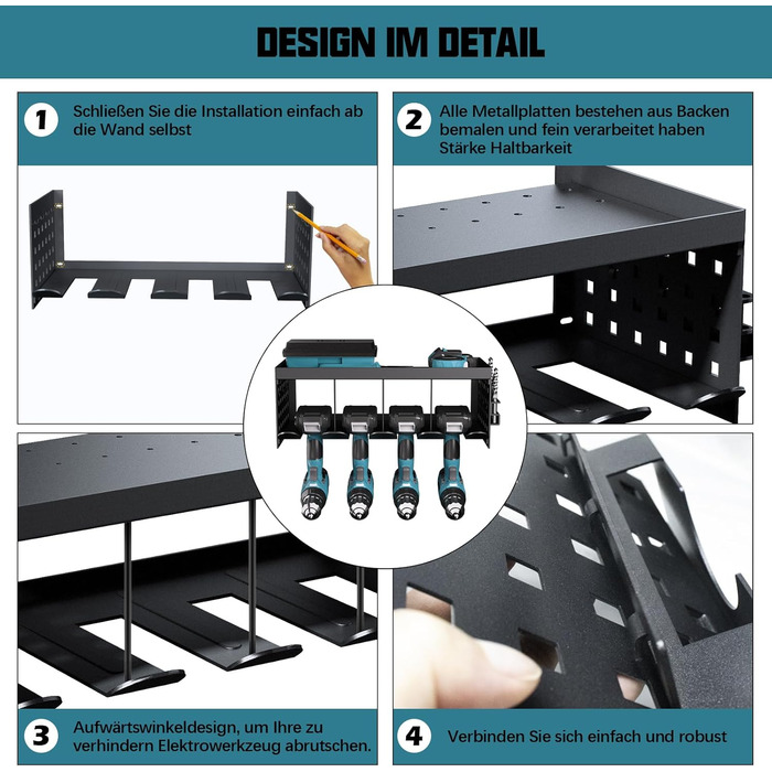 Зберігання інструментів Настінне кріплення Акумуляторний ударний дриль-шуруповерт, 4 слоти Надміцна електрична дриль Настінна стійка для зберігання Шуруповерт Організація Тримач інструментів