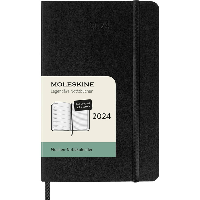 Тижневий планувальник Moleskine з місцем для нотаток, 12 місяців 2024, порядок денний 2024, кишеня 9x14, м'яка обкладинка з еластичною застібкою, колір чорний, мова Німецька