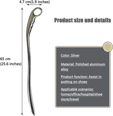 Високоякісний ріжок для взуття з алюмінієвого сплаву з довгою ручкою, зручний для утримання взуттєвий гаджет для домашнього використання, стабільний і гладкий підйомник взуття 65 * 4,7 см (25,6 * 1,9 дюйма)