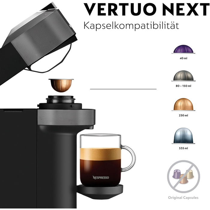 Кавова капсульна машина Nespresso De'Longhi ENV 120.GY Vertuo Next, 1500 Вт, 1,1 л, 42,9 x 14,2 x 31,9 см, сіра без піноутворювача молока