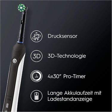 Електрична зубна щітка Oral-B PRO 1 750 Black Edition для ретельного чищення зубів, 1 програма чищення, датчик тиску, таймер і дорожній кейс, 1 щітка CrossAction, чорна