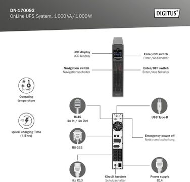 Система безперебійного живлення DIGITUS OnLine - 1 кВА / 1 кВт - 19-дюймовий монтаж 2U - Технологія справжнього подвійного перетворення - Джерело безперебійного живлення - чорний