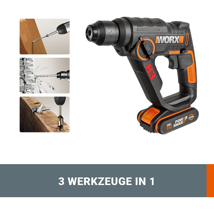 Перфоратор WORX WX390 SDS-plus - 20В дриль з пневматичним ударним механізмом для загвинчування, свердління та забивання - Енергія удару 1,2 Дж - З літій-іонним акумулятором 2,0 Ач, зарядним пристроєм та кейсом 1,2 Дж вкл. 1 акумулятор та зарядний пристрій