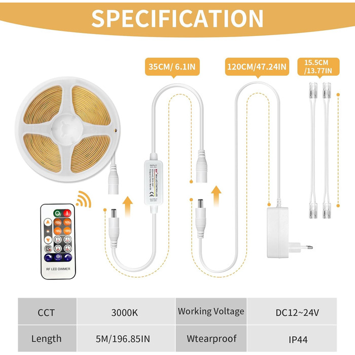 Світлодіодна стрічка COB тепла біла 5 м, світлодіодна стрічка з регулюванням яскравості 24 В 3000 К, стрічка світлодіодна самоклеюча водонепроникна IP44, світлова стрічка з блоком живлення та контролером для нижньої стільниці, телевізор Кухня Вітальня Сві